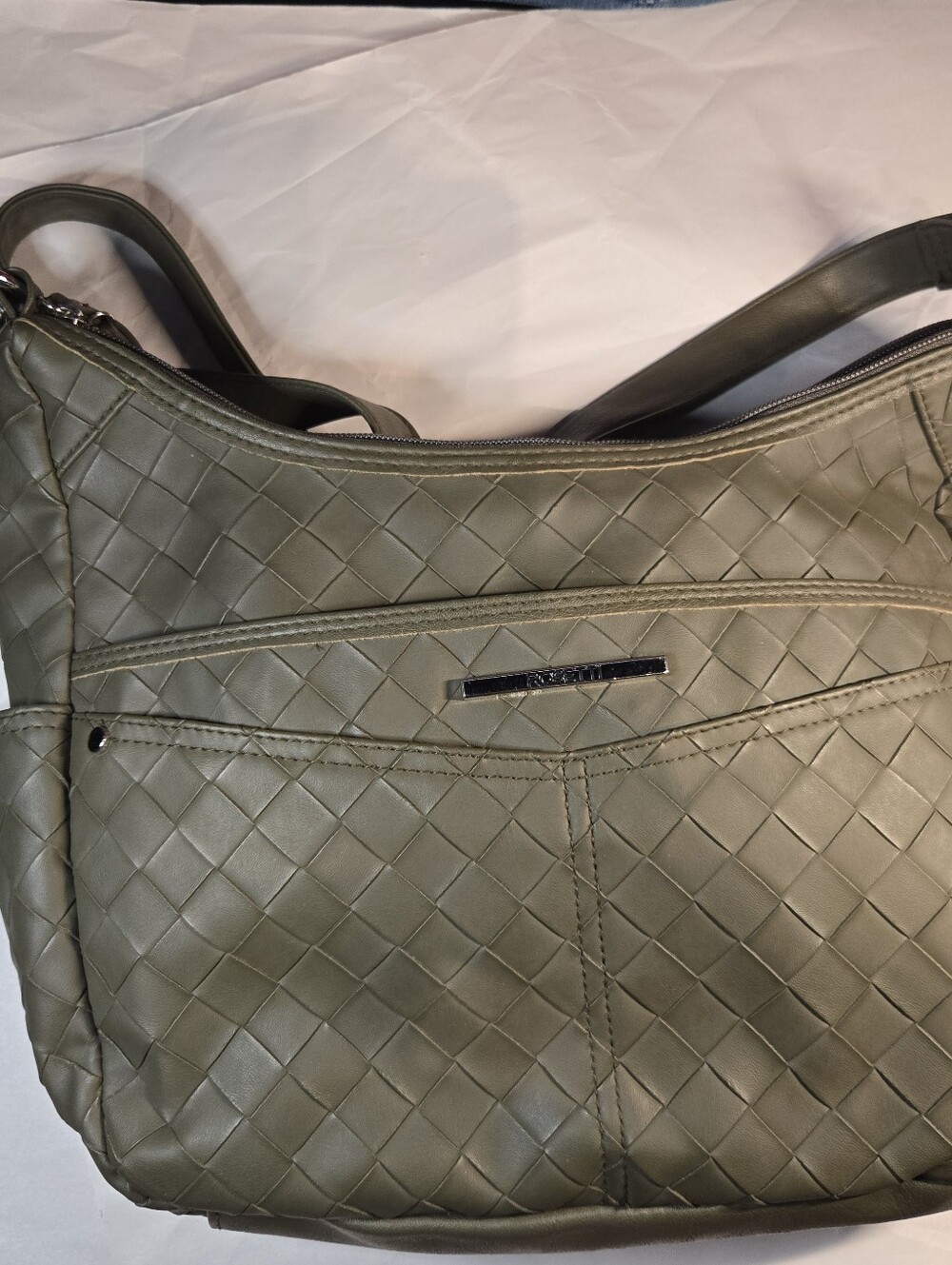 Olive Green Woven Faux Leather Shoulder Bag